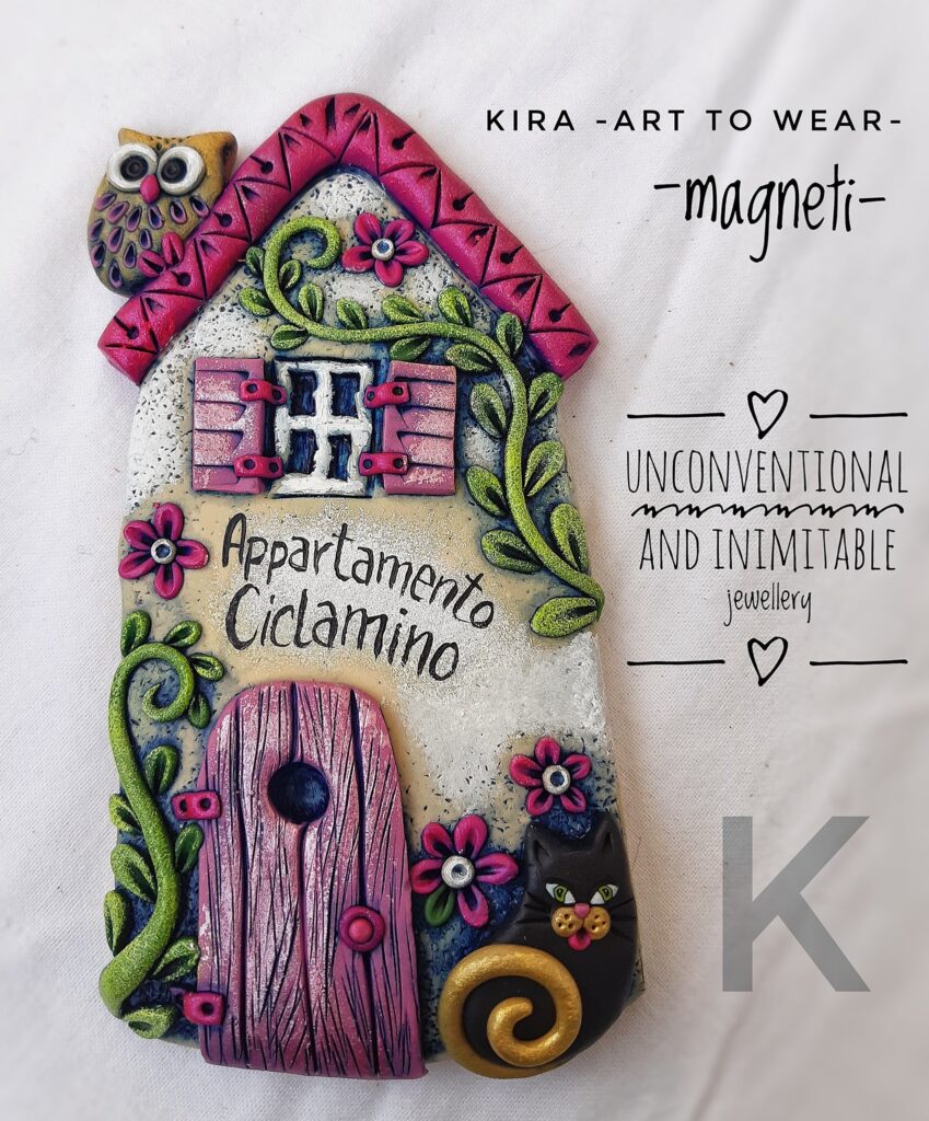 magnete casa con porta gatto gufo fiori